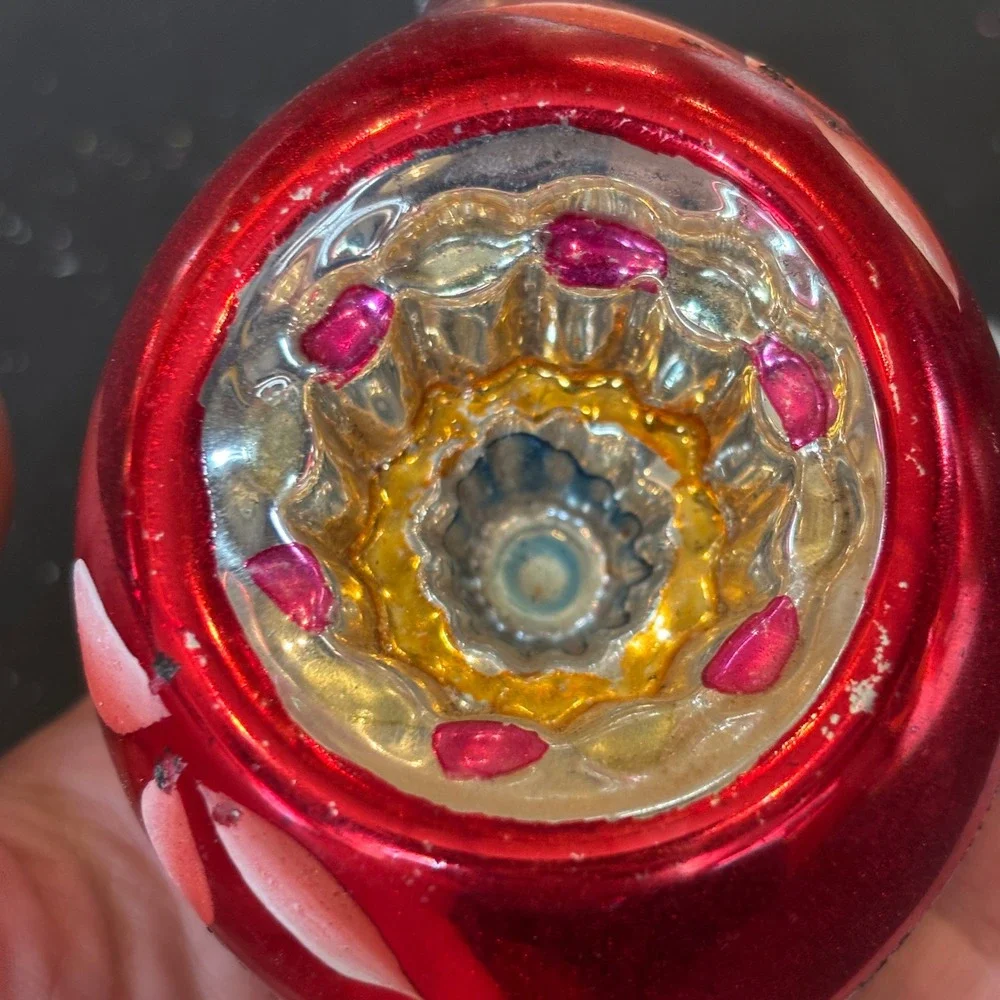 Vintage Hand Painted Indent Teardrop Red Gold Pink Floral Motif Glass Ornament
